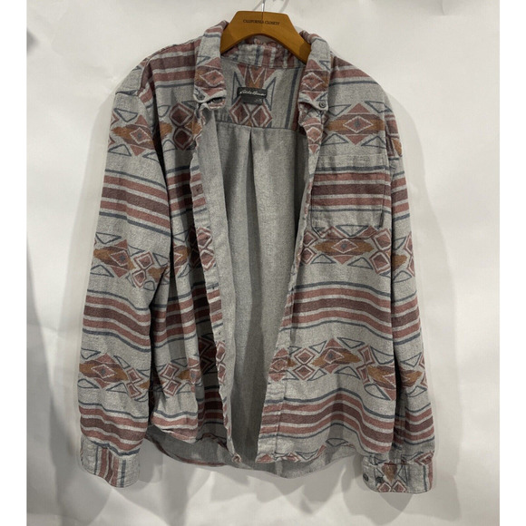 Eddie Bauer Flannel Shirt Men XL Aztec Gray Southwestern Button Down Grey Pocket - Picture 1 of 13